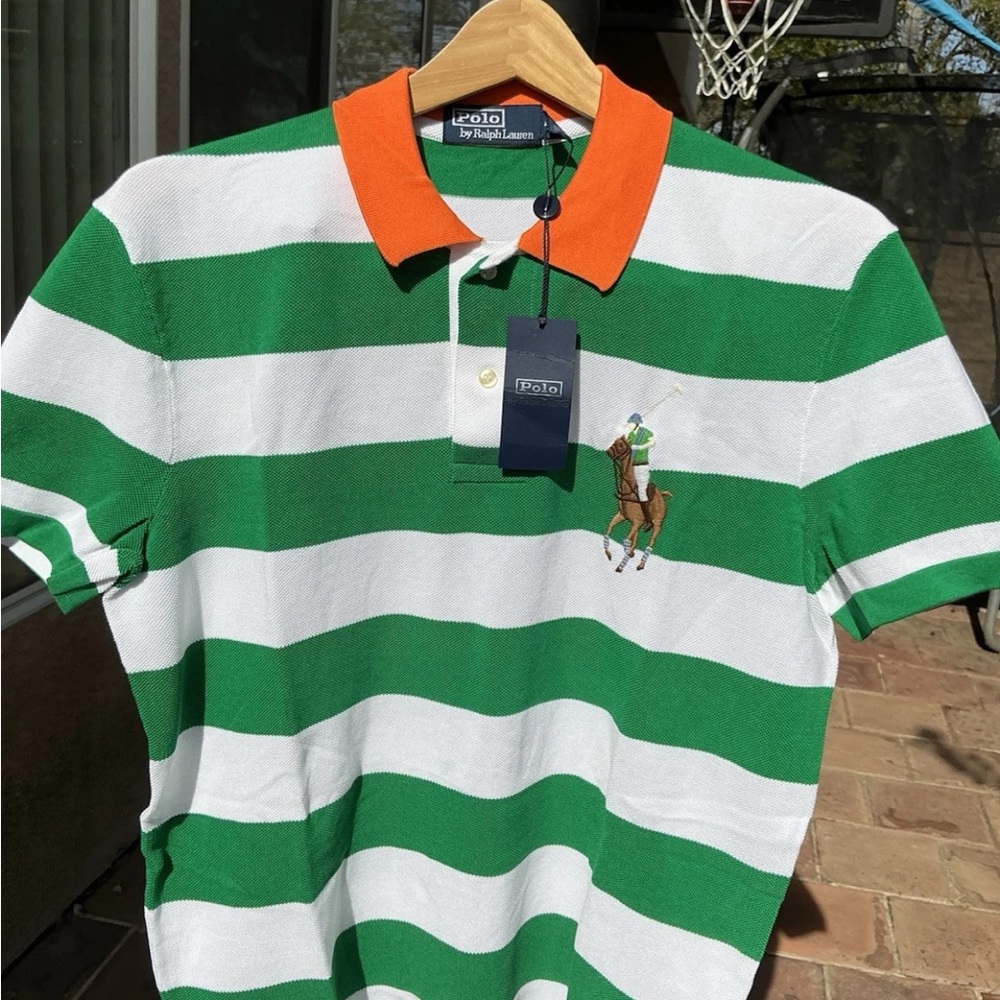 Polo by Ralph Lauren Green and White Striped Men's Shirt